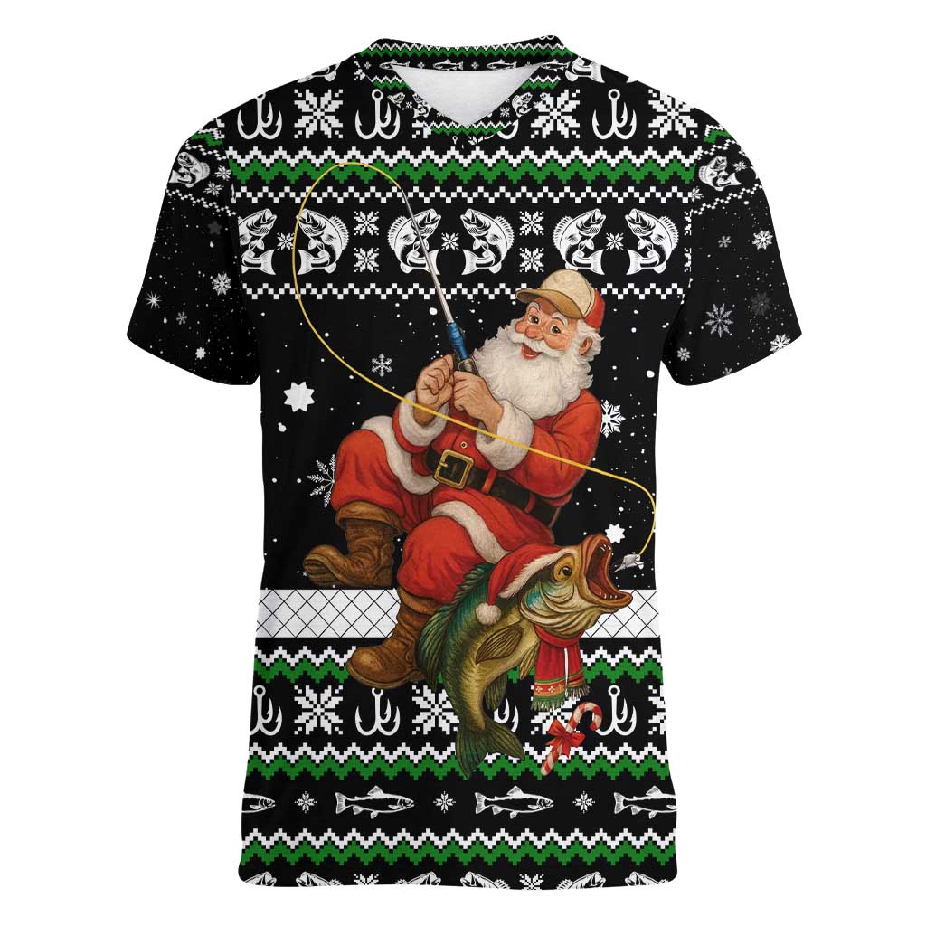 Santa Claus Fishing Christmas Women V-Neck T-Shirt Xmas Holiday Patterns - Wonder Print Shop