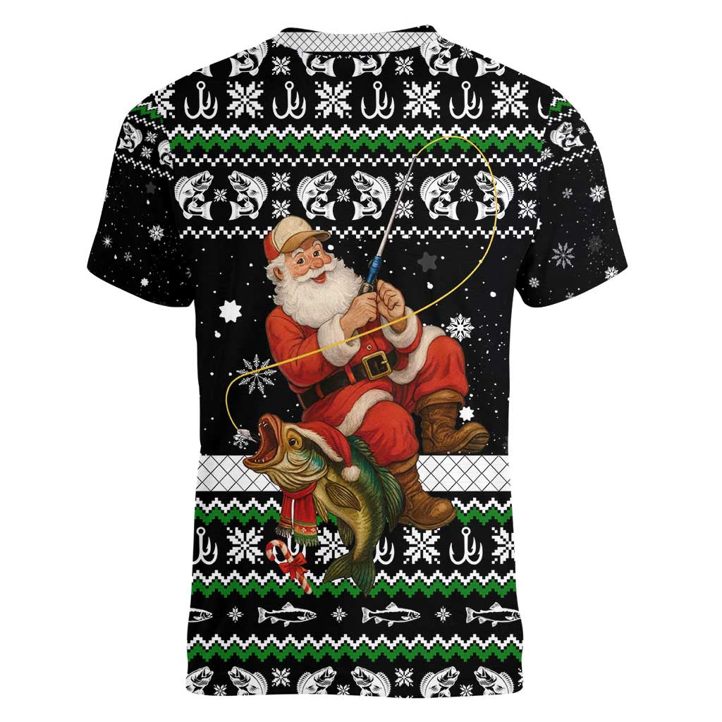 Santa Claus Fishing Christmas Women V-Neck T-Shirt Xmas Holiday Patterns - Wonder Print Shop