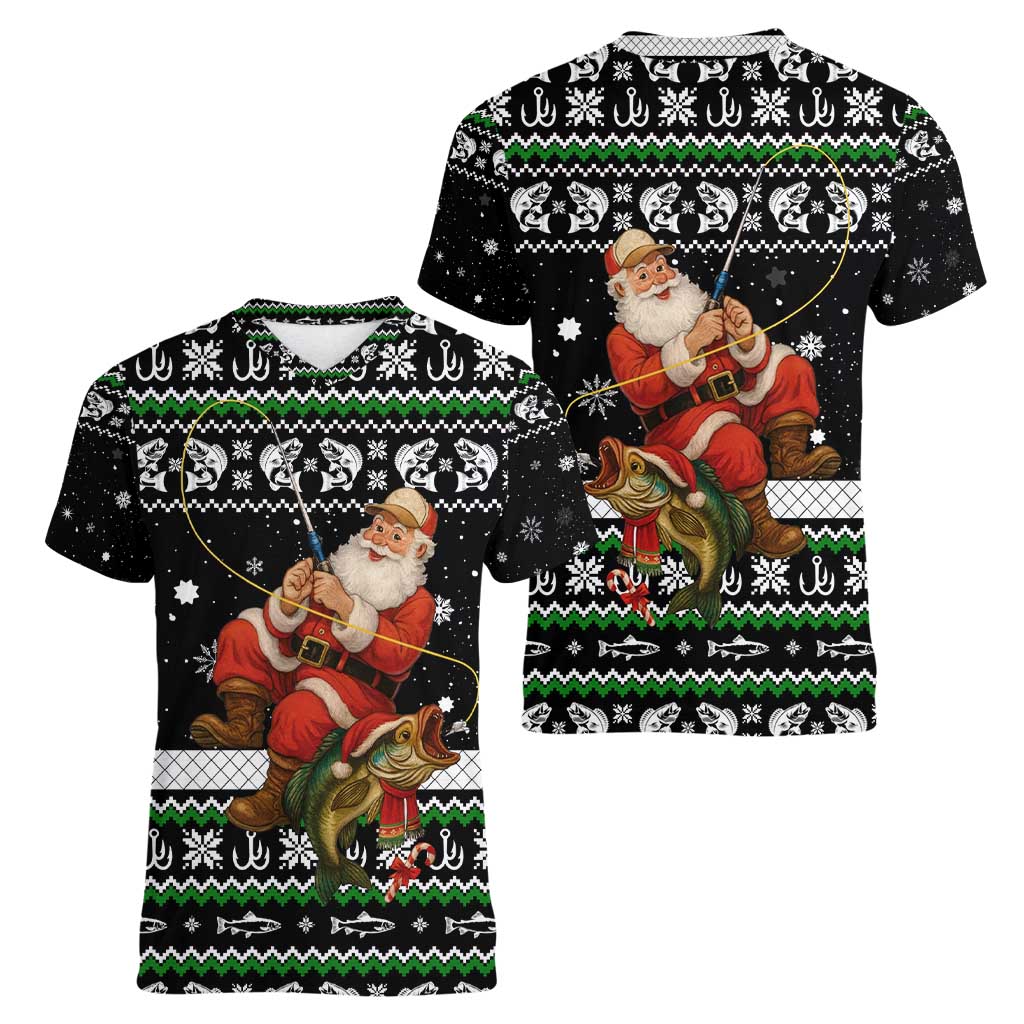 Santa Claus Fishing Christmas Women V-Neck T-Shirt Xmas Holiday Patterns - Wonder Print Shop