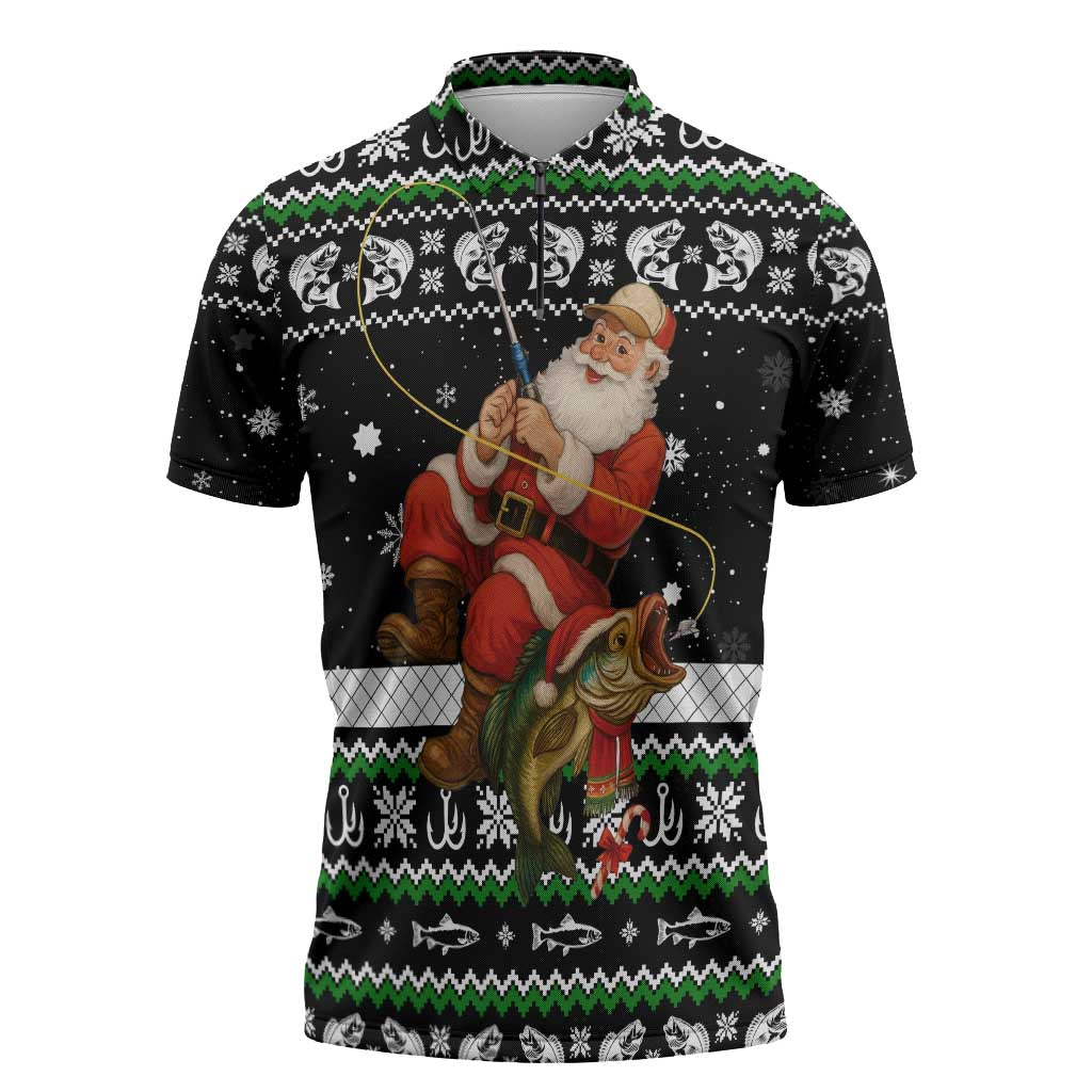 Santa Claus Fishing Christmas Zipper Polo Shirt Xmas Holiday Patterns - Wonder Print Shop