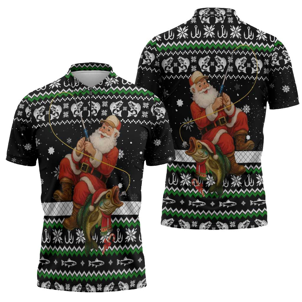 Santa Claus Fishing Christmas Zipper Polo Shirt Xmas Holiday Patterns - Wonder Print Shop