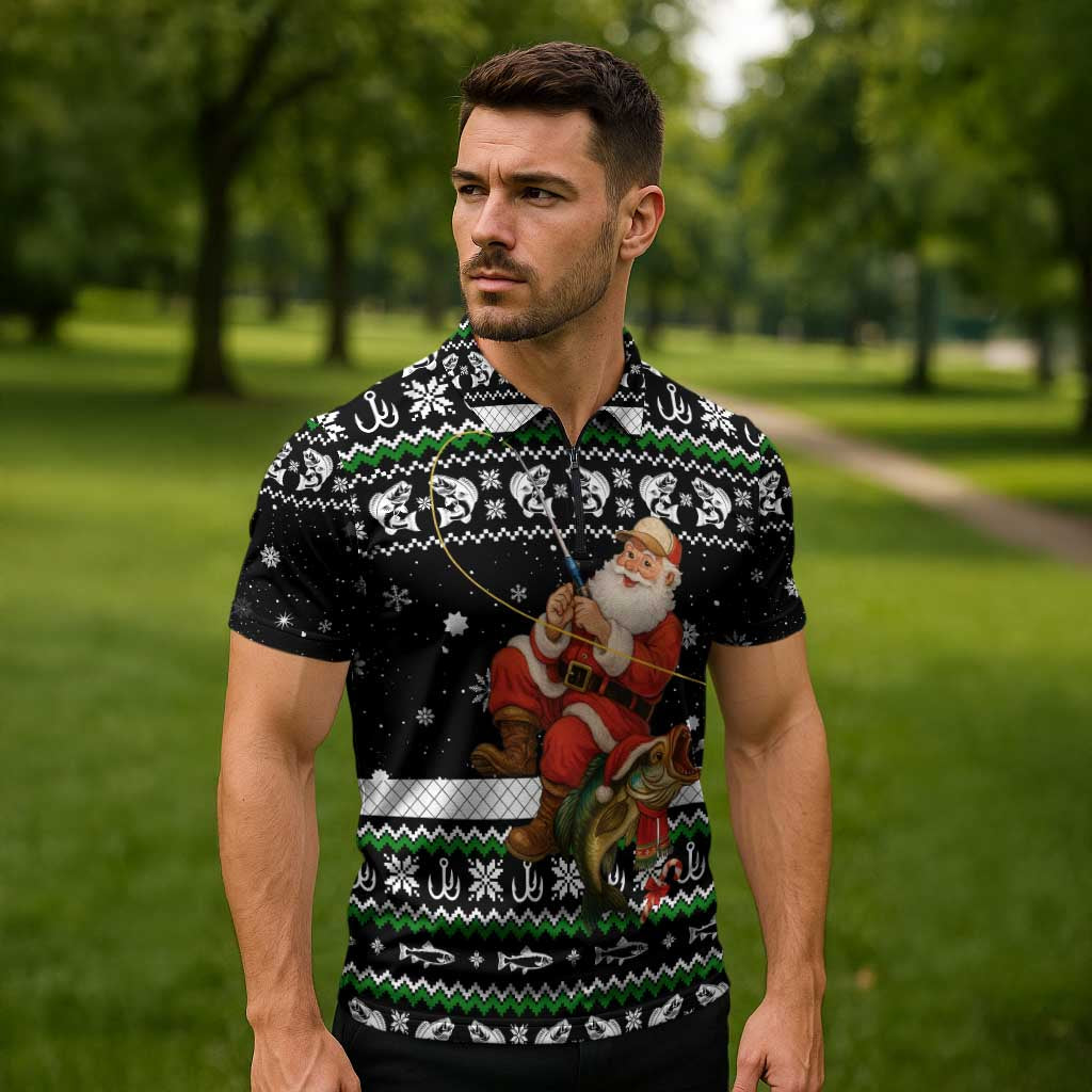 Santa Claus Fishing Christmas Zipper Polo Shirt Xmas Holiday Patterns - Wonder Print Shop