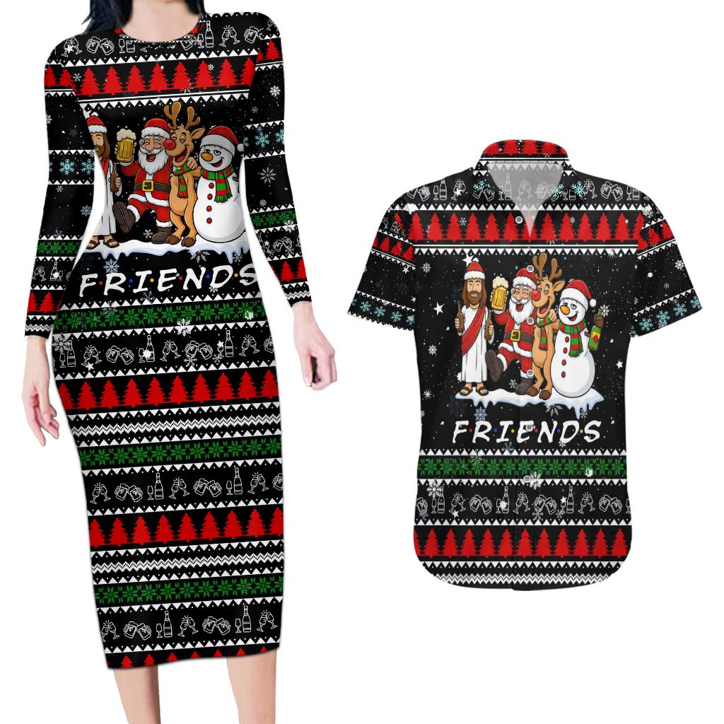 Santa Claus Jesus Friend of Christmas Couples Matching Long Sleeve Bodycon Dress and Hawaiian Shirt Xmas Holiday Patterns - Wonder Print Shop