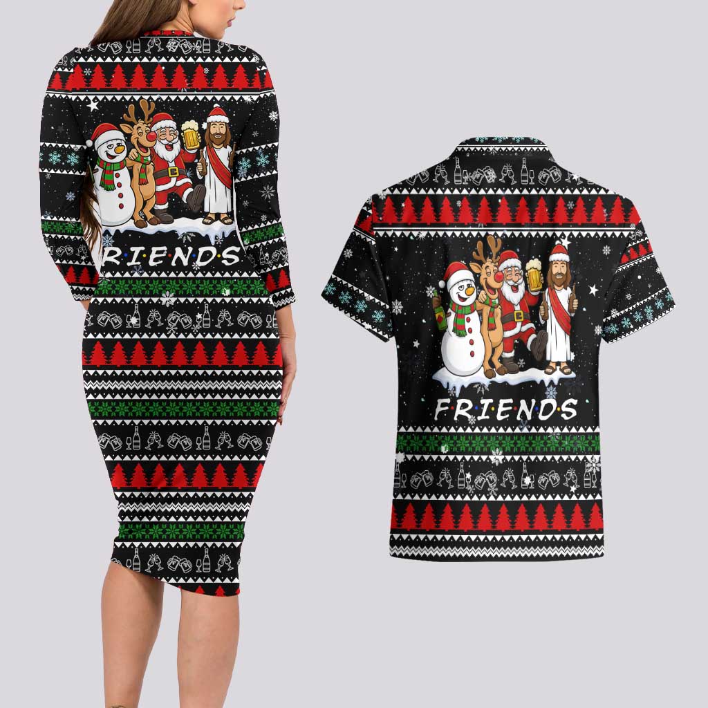 Santa Claus Jesus Friend of Christmas Couples Matching Long Sleeve Bodycon Dress and Hawaiian Shirt Xmas Holiday Patterns - Wonder Print Shop