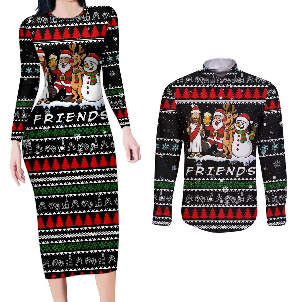 Santa Claus Jesus Friend of Christmas Couples Matching Long Sleeve Bodycon Dress and Long Sleeve Button Shirt Xmas Holiday Patterns - Wonder Print Shop