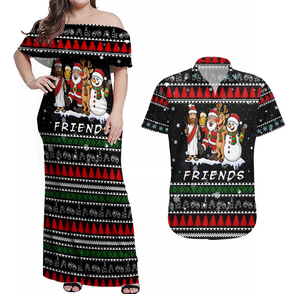 Santa Claus Jesus Friend of Christmas Couples Matching Off Shoulder Maxi Dress and Hawaiian Shirt Xmas Holiday Patterns - Wonder Print Shop