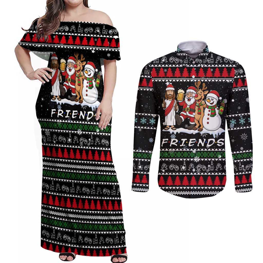 Santa Claus Jesus Friend of Christmas Couples Matching Off Shoulder Maxi Dress and Long Sleeve Button Shirt Xmas Holiday Patterns - Wonder Print Shop