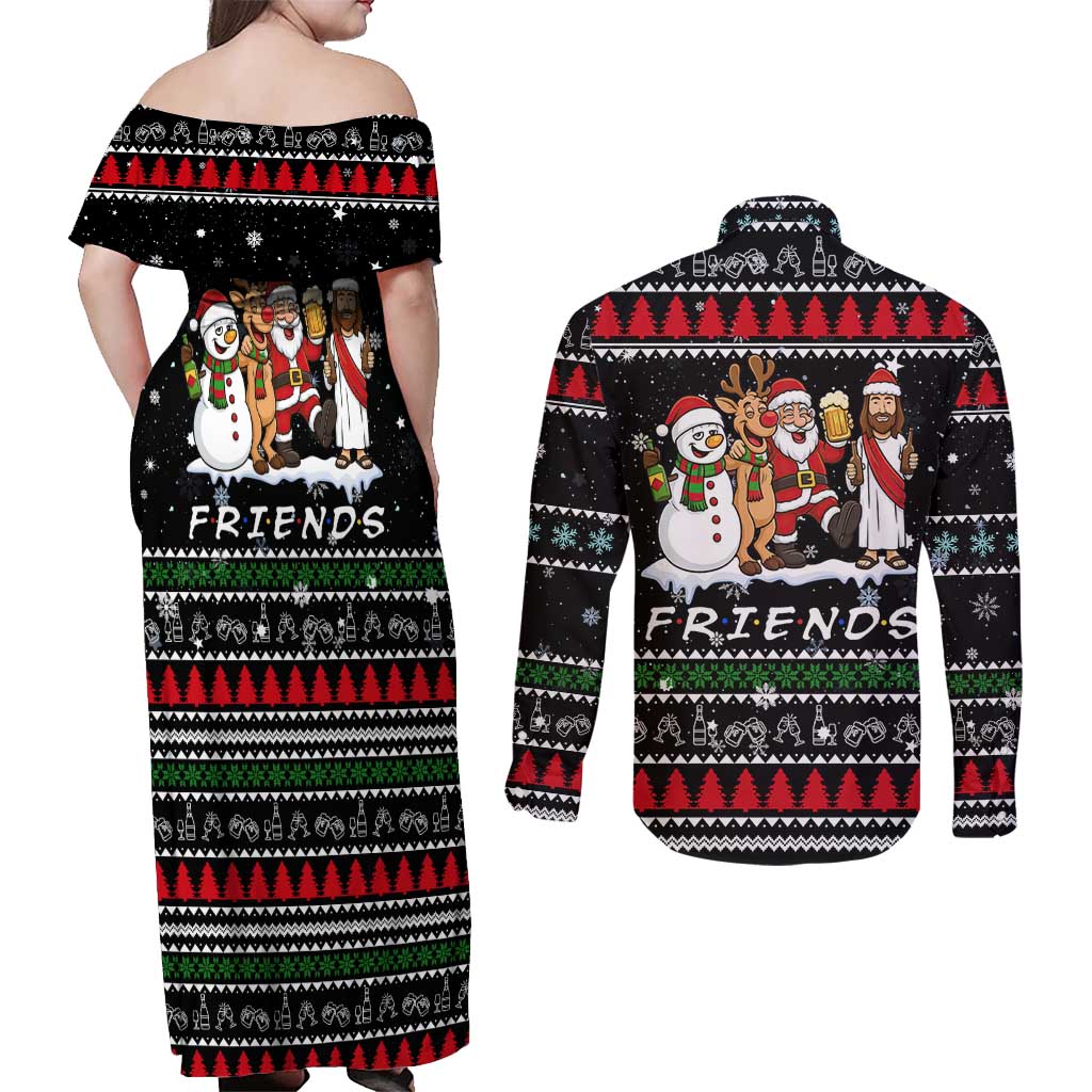 Santa Claus Jesus Friend of Christmas Couples Matching Off Shoulder Maxi Dress and Long Sleeve Button Shirt Xmas Holiday Patterns - Wonder Print Shop