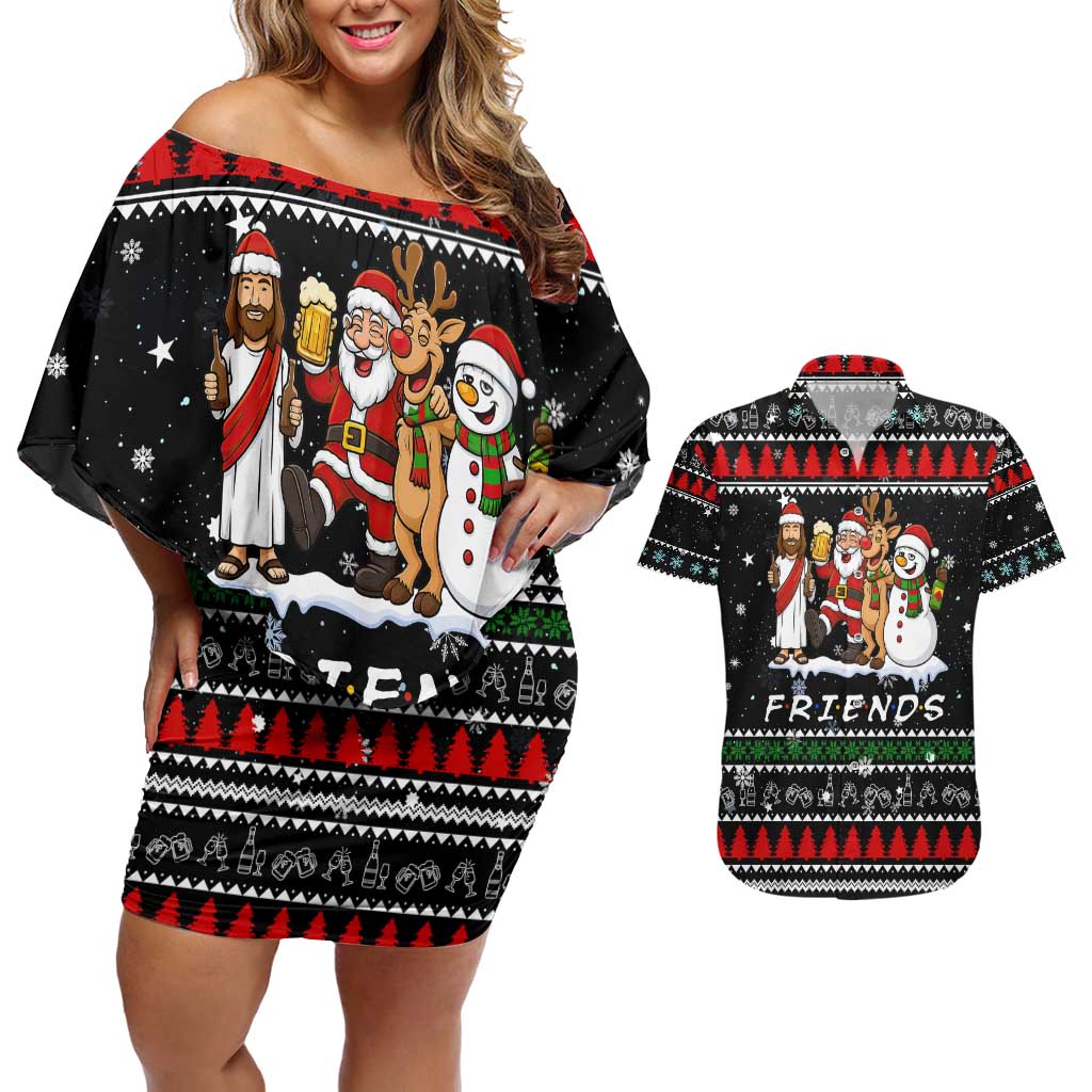 Santa Claus Jesus Friend of Christmas Couples Matching Off Shoulder Short Dress and Hawaiian Shirt Xmas Holiday Patterns - Wonder Print Shop