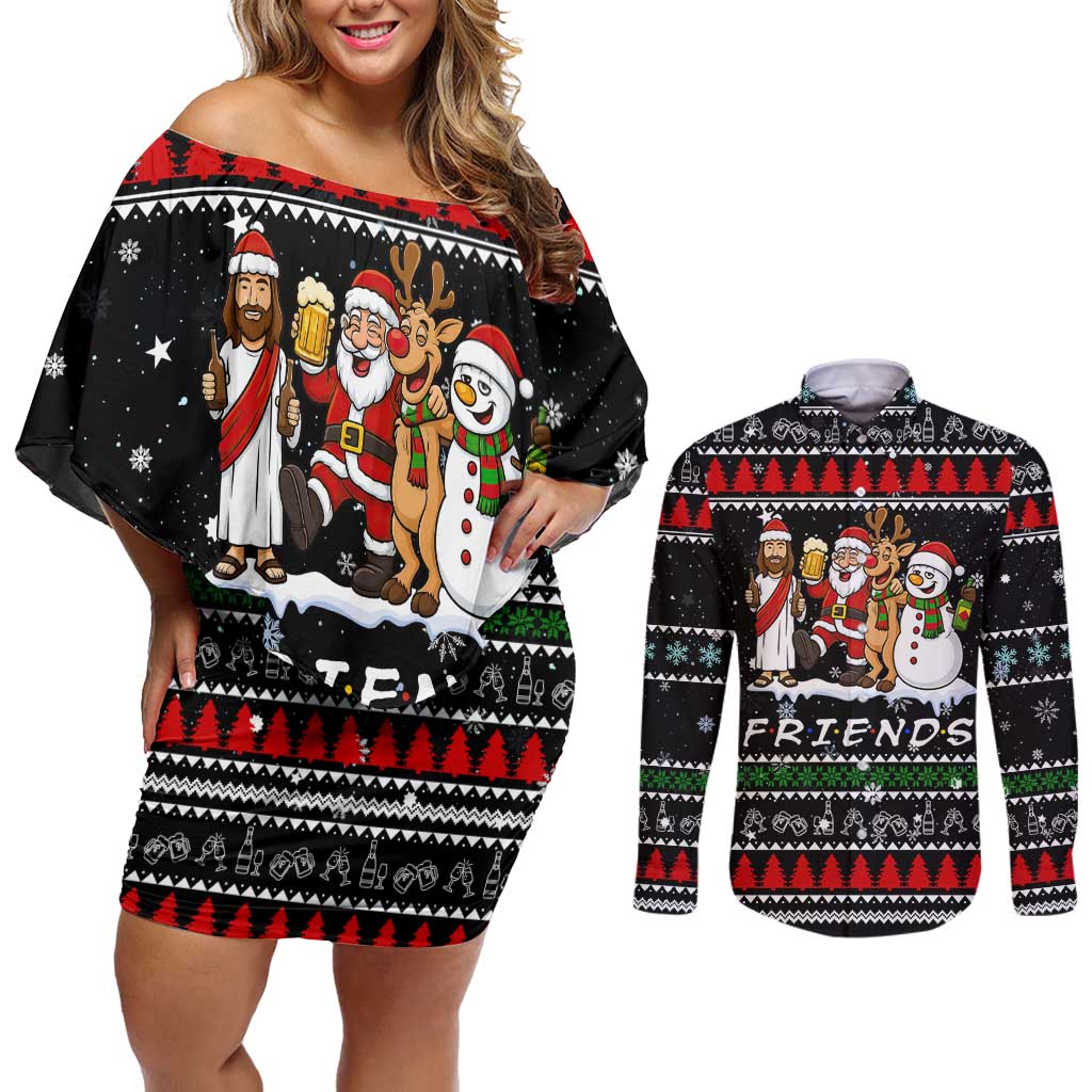 Santa Claus Jesus Friend of Christmas Couples Matching Off Shoulder Short Dress and Long Sleeve Button Shirt Xmas Holiday Patterns - Wonder Print Shop