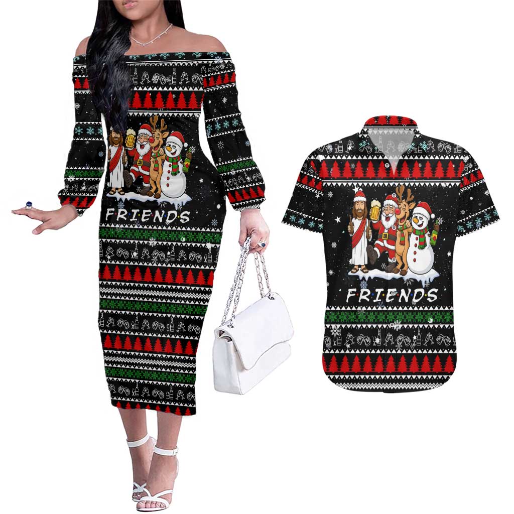 Santa Claus Jesus Friend of Christmas Couples Matching Off The Shoulder Long Sleeve Dress and Hawaiian Shirt Xmas Holiday Patterns - Wonder Print Shop
