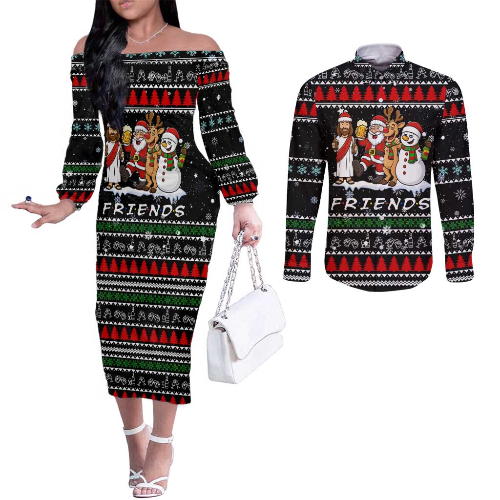 Santa Claus Jesus Friend of Christmas Couples Matching Off The Shoulder Long Sleeve Dress and Long Sleeve Button Shirt Xmas Holiday Patterns - Wonder Print Shop