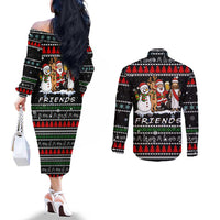 Santa Claus Jesus Friend of Christmas Couples Matching Off The Shoulder Long Sleeve Dress and Long Sleeve Button Shirt Xmas Holiday Patterns - Wonder Print Shop