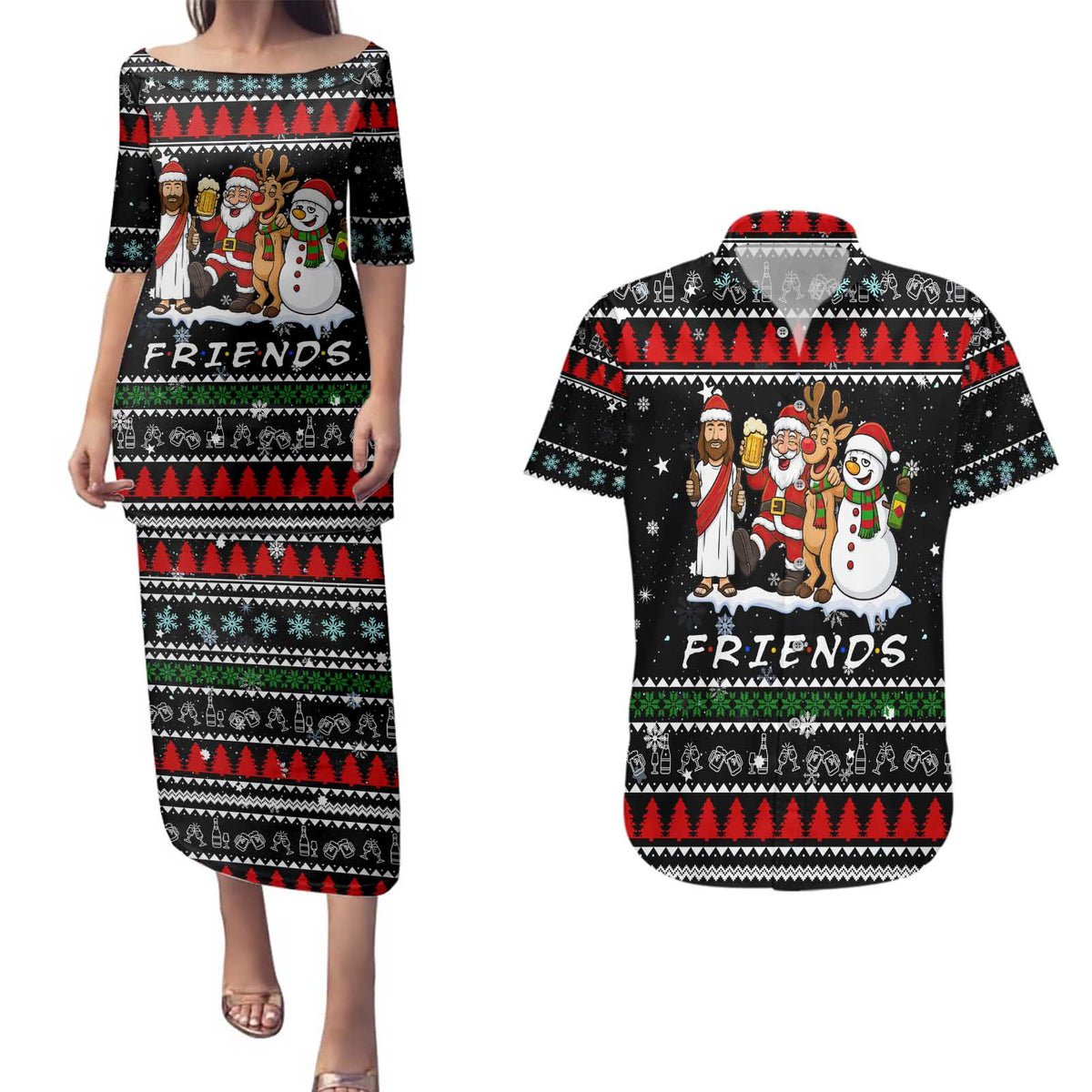 Santa Claus Jesus Friend of Christmas Couples Matching Puletasi and Hawaiian Shirt Xmas Holiday Patterns - Wonder Print Shop