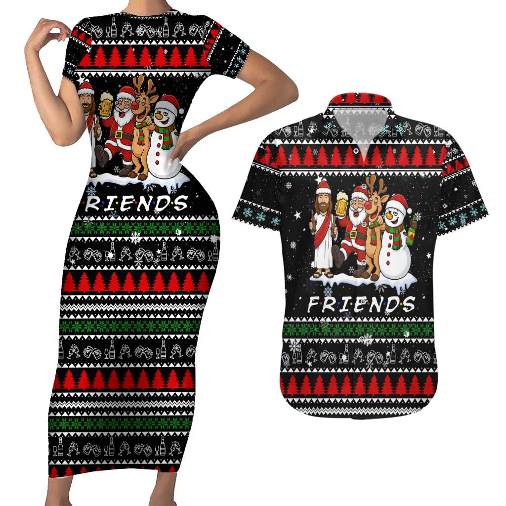 Santa Claus Jesus Friend of Christmas Couples Matching Short Sleeve Bodycon Dress and Hawaiian Shirt Xmas Holiday Patterns - Wonder Print Shop