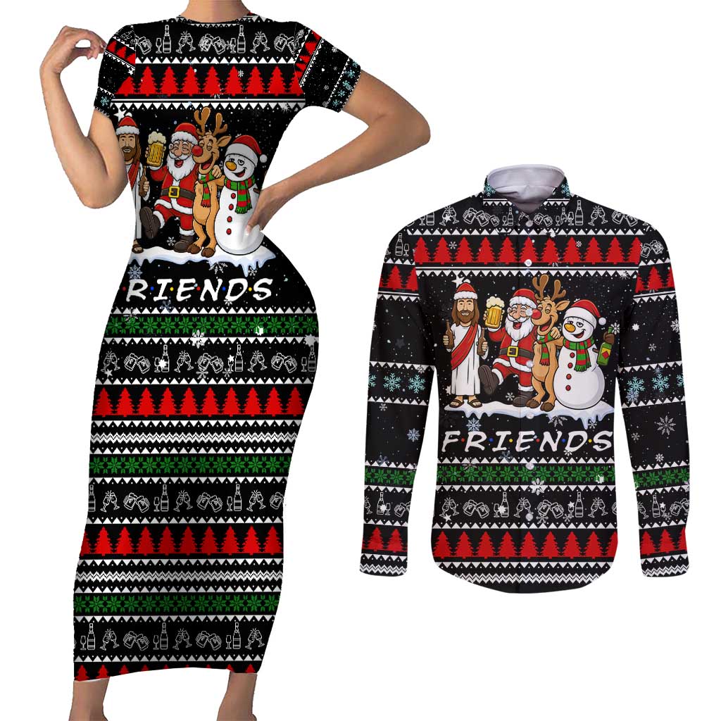 Santa Claus Jesus Friend of Christmas Couples Matching Short Sleeve Bodycon Dress and Long Sleeve Button Shirt Xmas Holiday Patterns - Wonder Print Shop