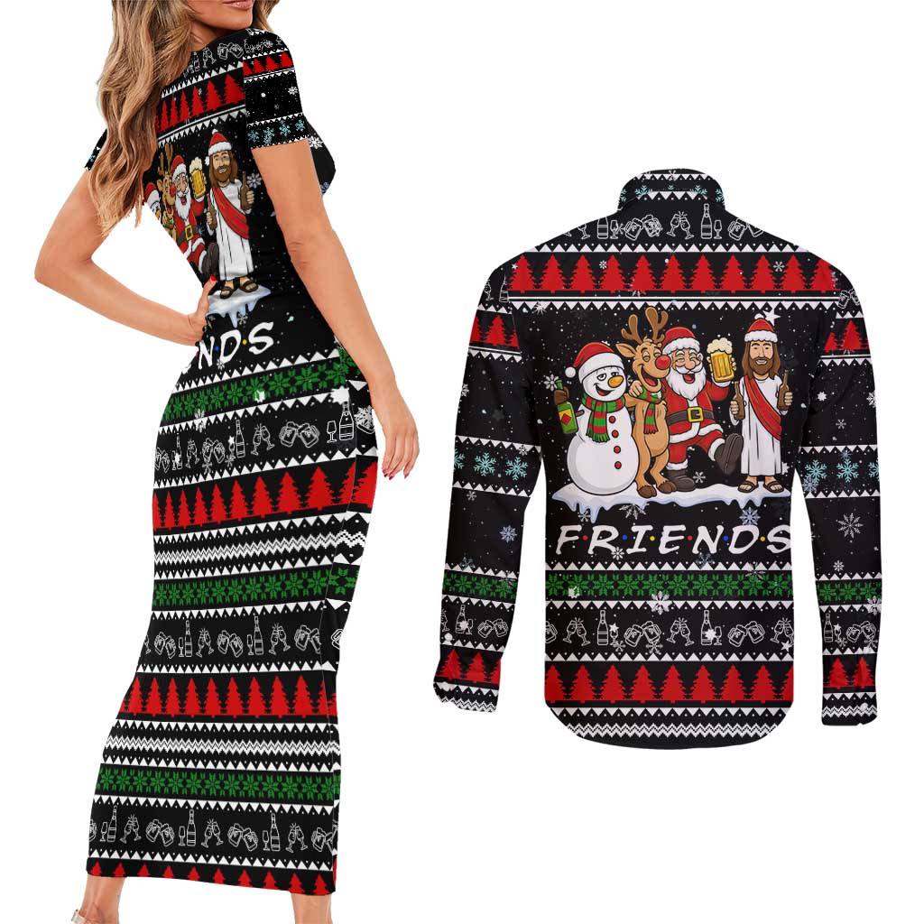 Santa Claus Jesus Friend of Christmas Couples Matching Short Sleeve Bodycon Dress and Long Sleeve Button Shirt Xmas Holiday Patterns - Wonder Print Shop
