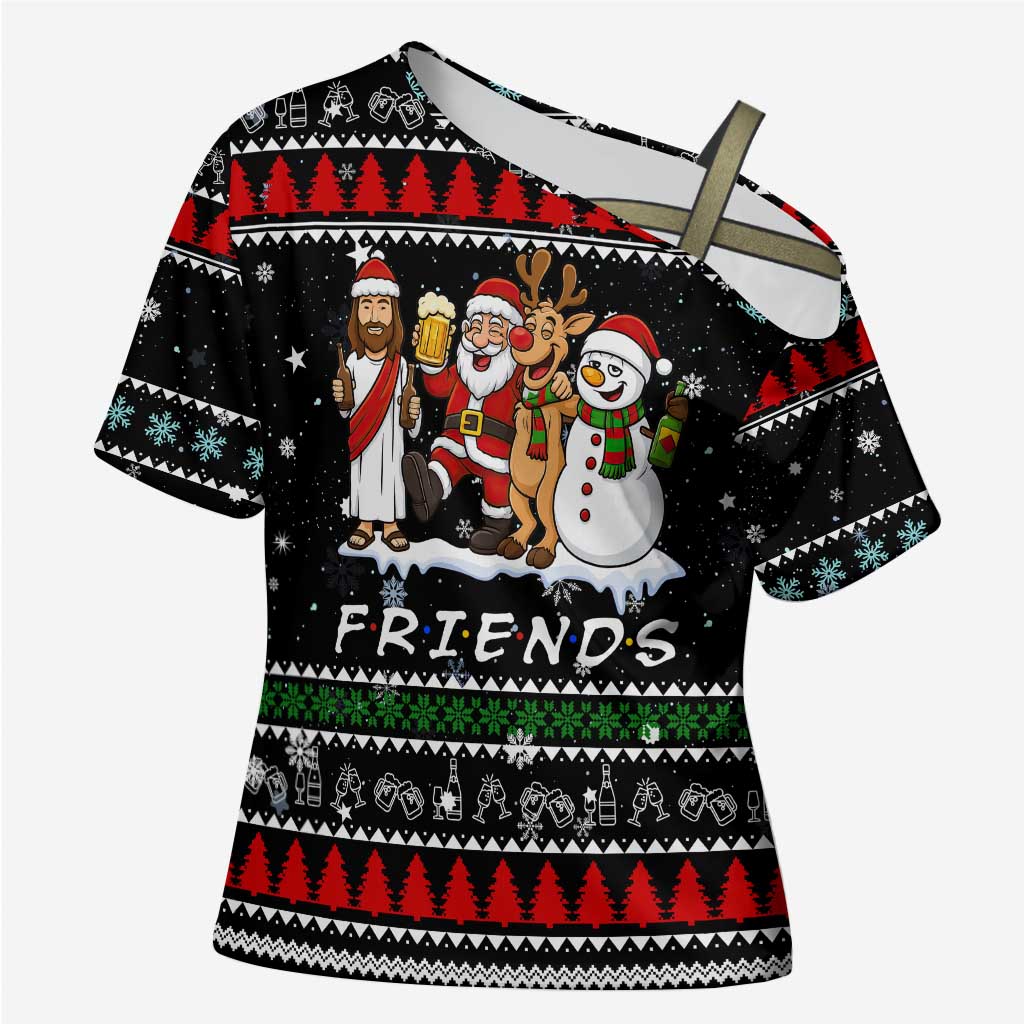 Santa Claus Jesus Friend of Christmas Cross Shoulder Shirt Xmas Holiday Patterns - Wonder Print Shop