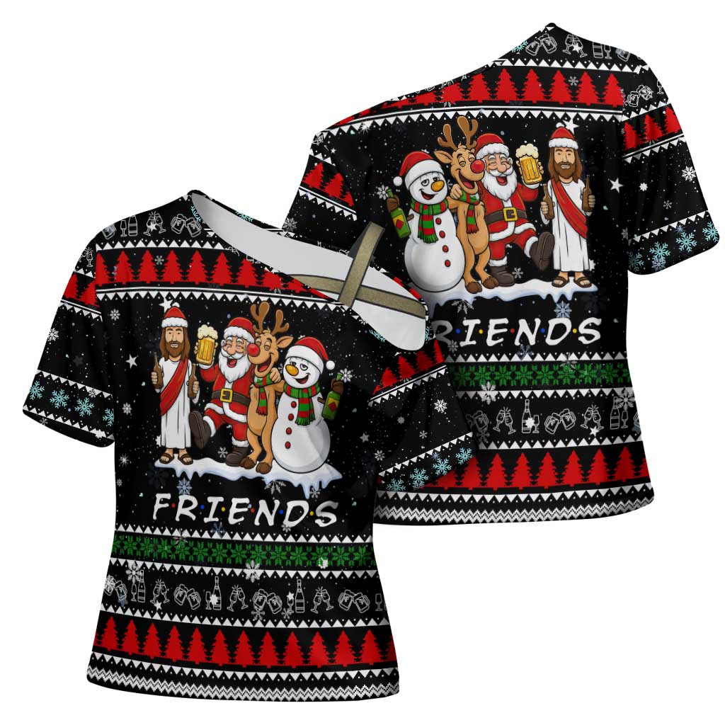 Santa Claus Jesus Friend of Christmas Cross Shoulder Shirt Xmas Holiday Patterns - Wonder Print Shop