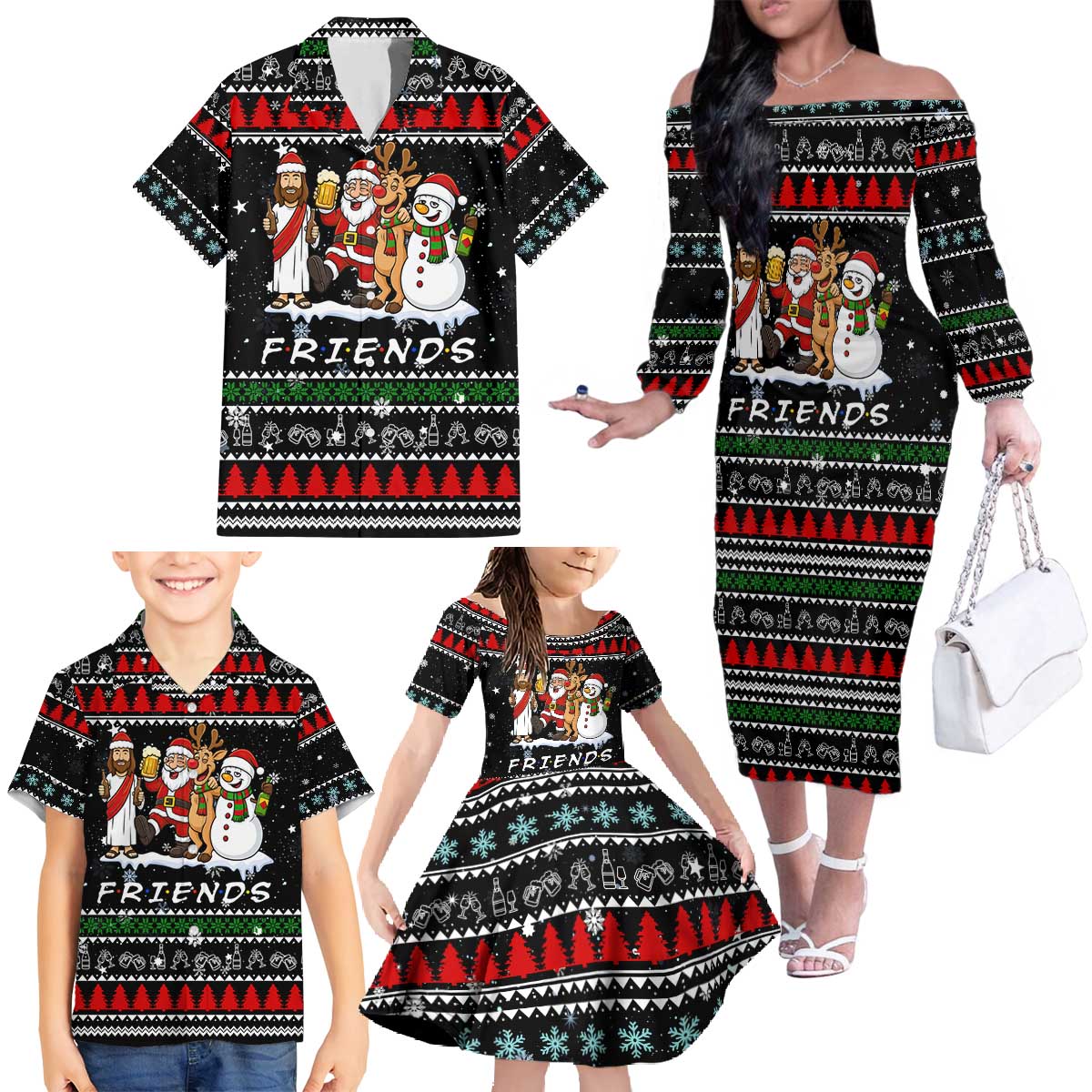 Santa Claus Jesus Friend of Christmas Family Matching Off The Shoulder Long Sleeve Dress and Hawaiian Shirt Xmas Holiday Patterns - Wonder Print Shop