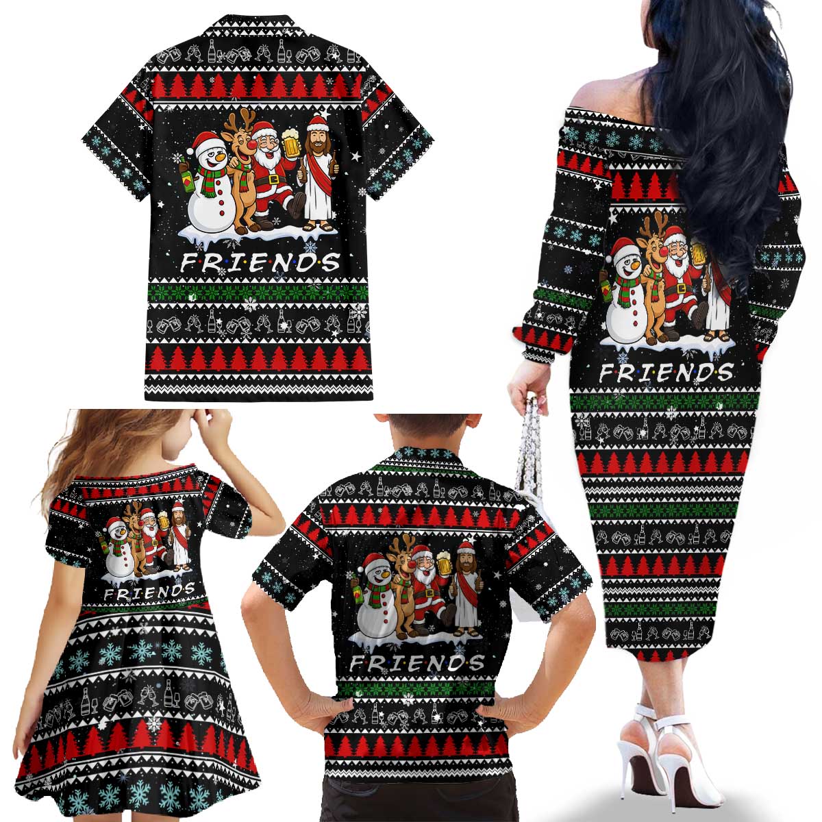 Santa Claus Jesus Friend of Christmas Family Matching Off The Shoulder Long Sleeve Dress and Hawaiian Shirt Xmas Holiday Patterns - Wonder Print Shop