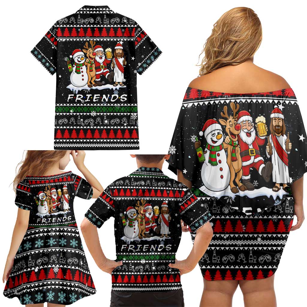 Santa Claus Jesus Friend of Christmas Family Matching Off Shoulder Short Dress and Hawaiian Shirt Xmas Holiday Patterns - Wonder Print Shop