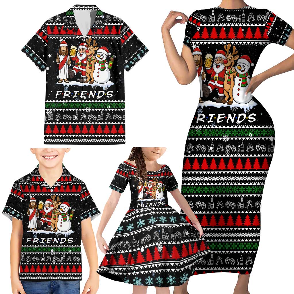 Santa Claus Jesus Friend of Christmas Family Matching Short Sleeve Bodycon Dress and Hawaiian Shirt Xmas Holiday Patterns - Wonder Print Shop