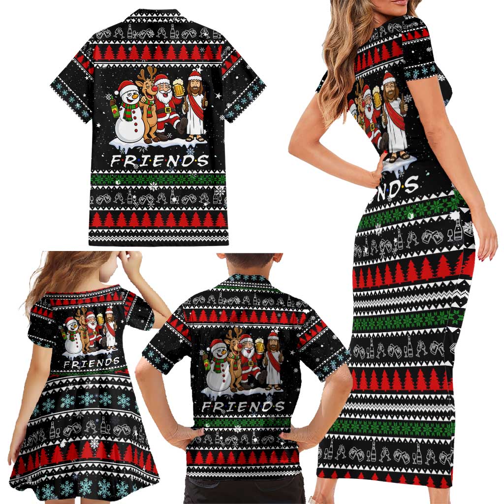 Santa Claus Jesus Friend of Christmas Family Matching Short Sleeve Bodycon Dress and Hawaiian Shirt Xmas Holiday Patterns - Wonder Print Shop