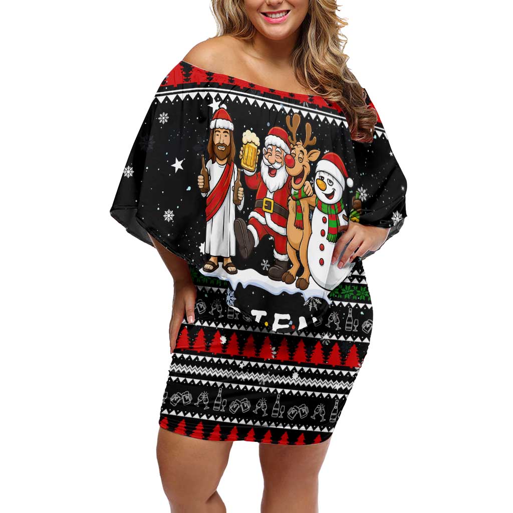 Santa Claus Jesus Friend of Christmas Off Shoulder Short Dress Xmas Holiday Patterns - Wonder Print Shop