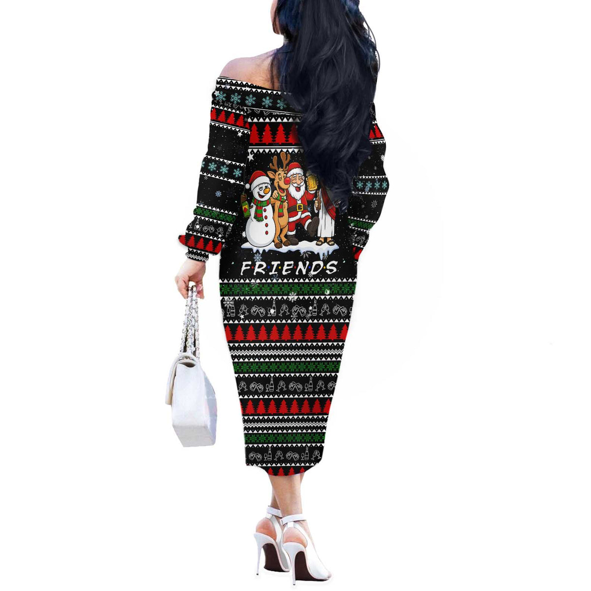 Santa Claus Jesus Friend of Christmas Off The Shoulder Long Sleeve Dress Xmas Holiday Patterns - Wonder Print Shop