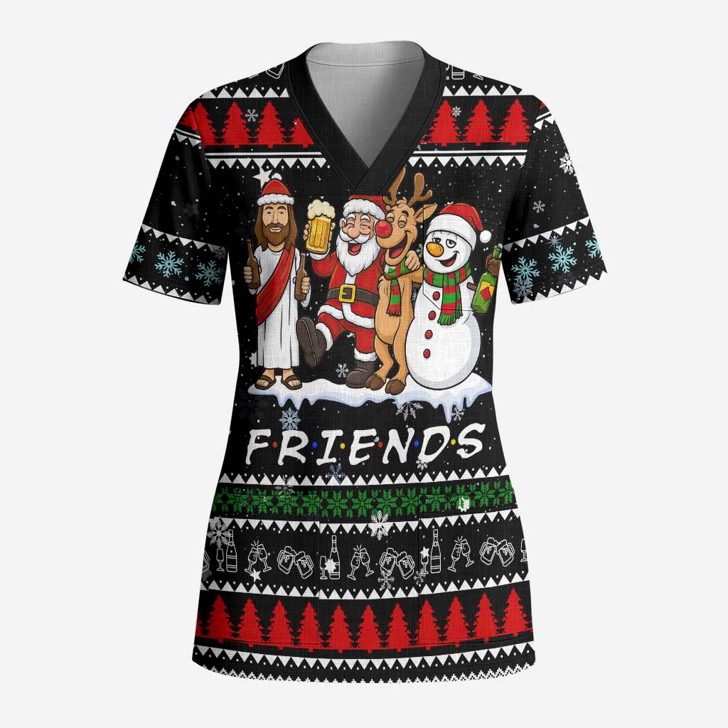 Santa Claus Jesus Friend of Christmas Scrub Top Xmas Holiday Patterns - Wonder Print Shop