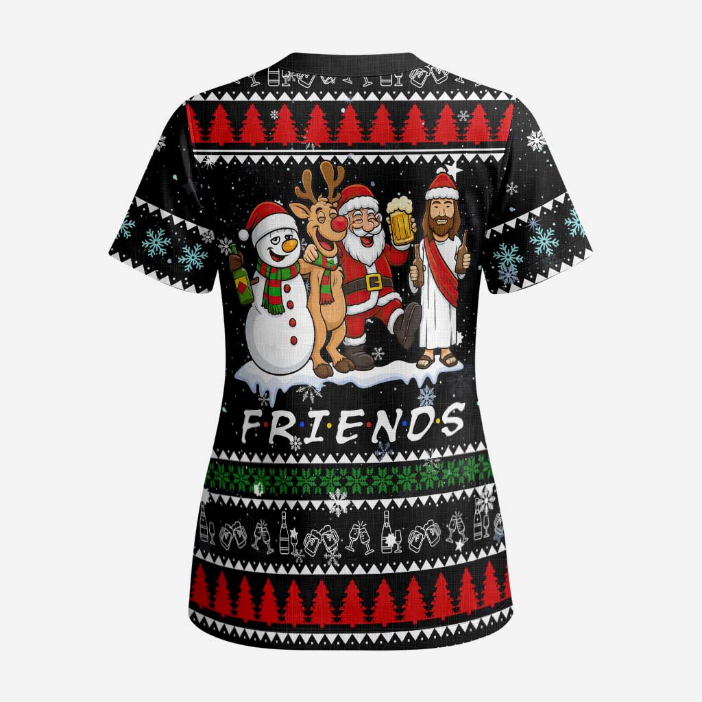 Santa Claus Jesus Friend of Christmas Scrub Top Xmas Holiday Patterns - Wonder Print Shop