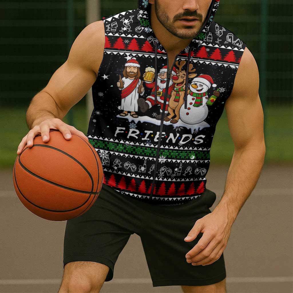 Santa Claus Jesus Friend of Christmas Sleeveless Zip Hoodie Xmas Holiday Patterns - Wonder Print Shop