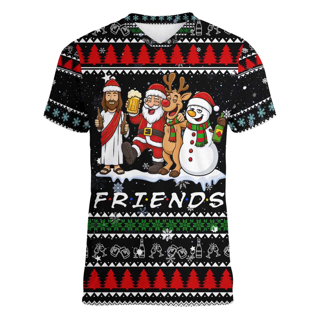 Santa Claus Jesus Friend of Christmas Women V-Neck T-Shirt Xmas Holiday Patterns - Wonder Print Shop