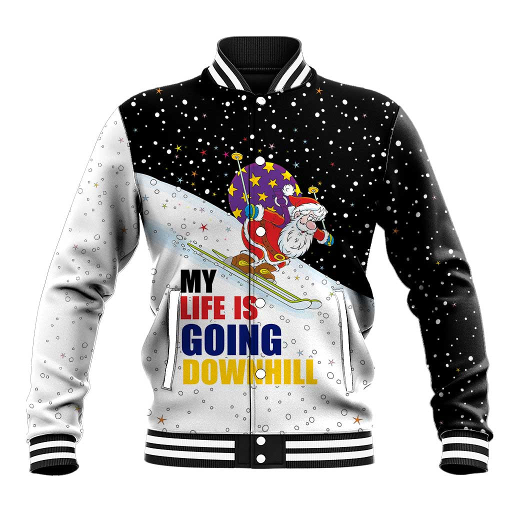 Santa Claus Ski My Life Is Going Downhill Christmas Baseball Jacket Xmas Holiday Patterns - Wonder Print Shop