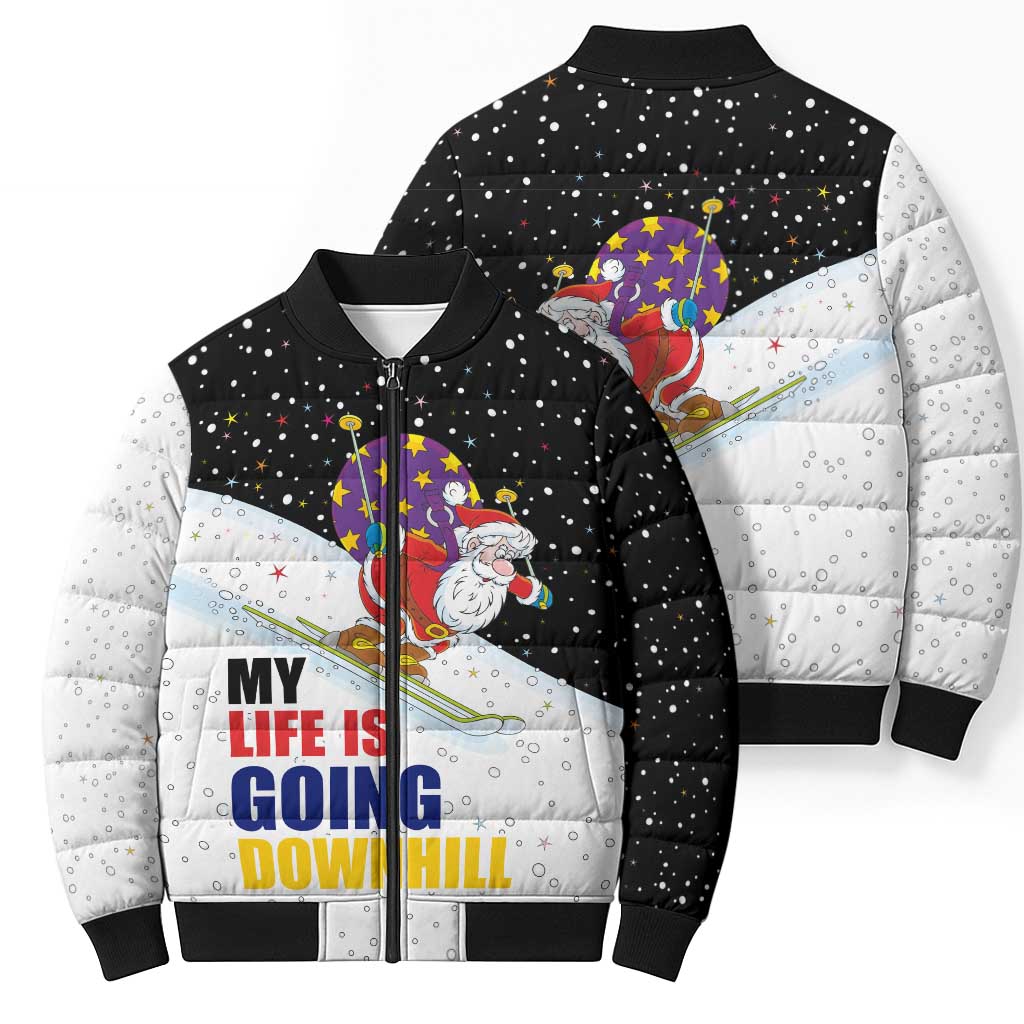 Santa Claus Ski My Life Is Going Downhill Christmas Bomber Puffer Jacket Xmas Holiday Patterns - Wonder Print Shop