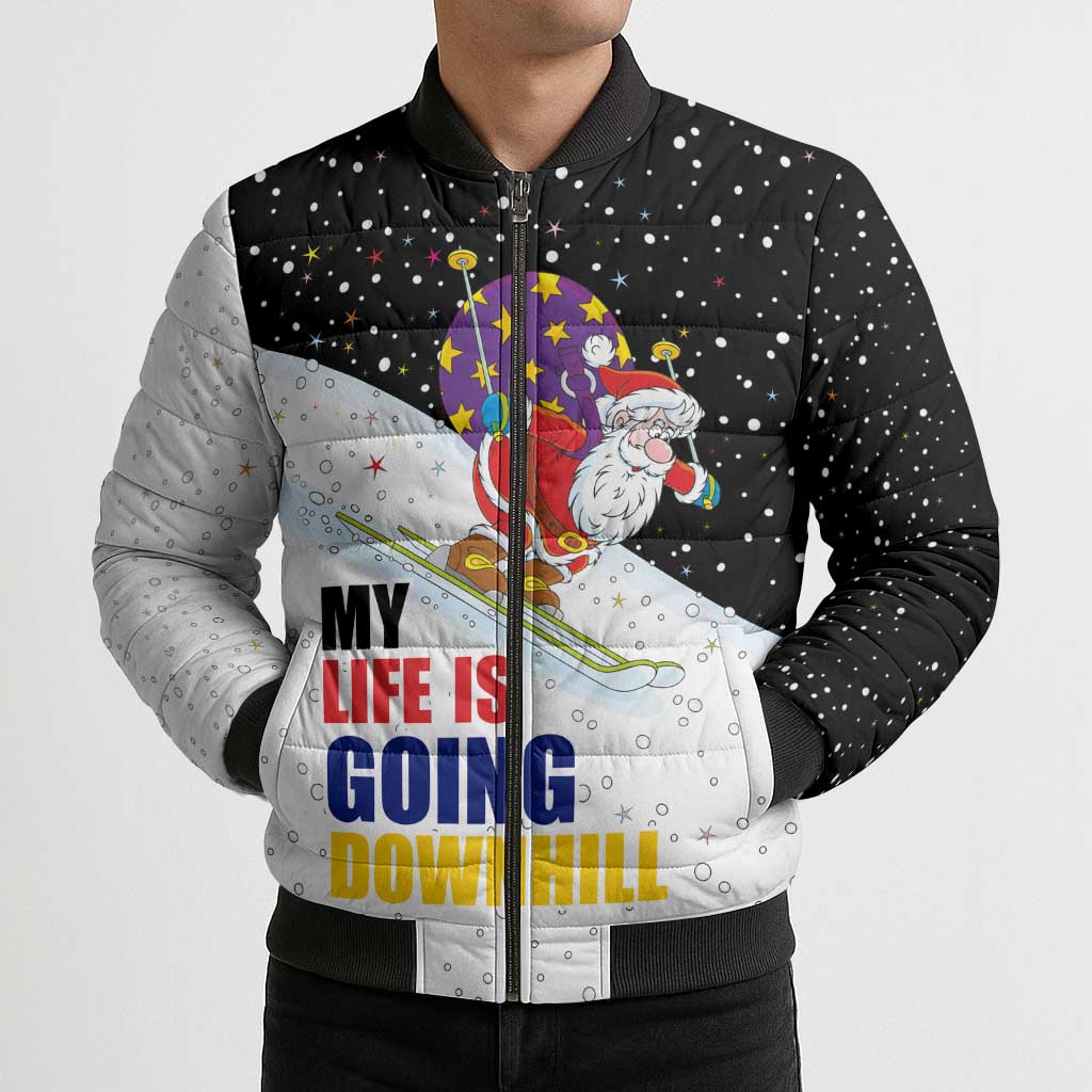 Santa Claus Ski My Life Is Going Downhill Christmas Bomber Puffer Jacket Xmas Holiday Patterns - Wonder Print Shop