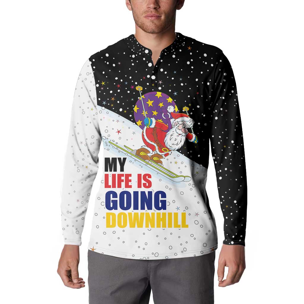 Santa Claus Ski My Life Is Going Downhill Christmas Button Sweatshirt Xmas Holiday Patterns - Wonder Print Shop