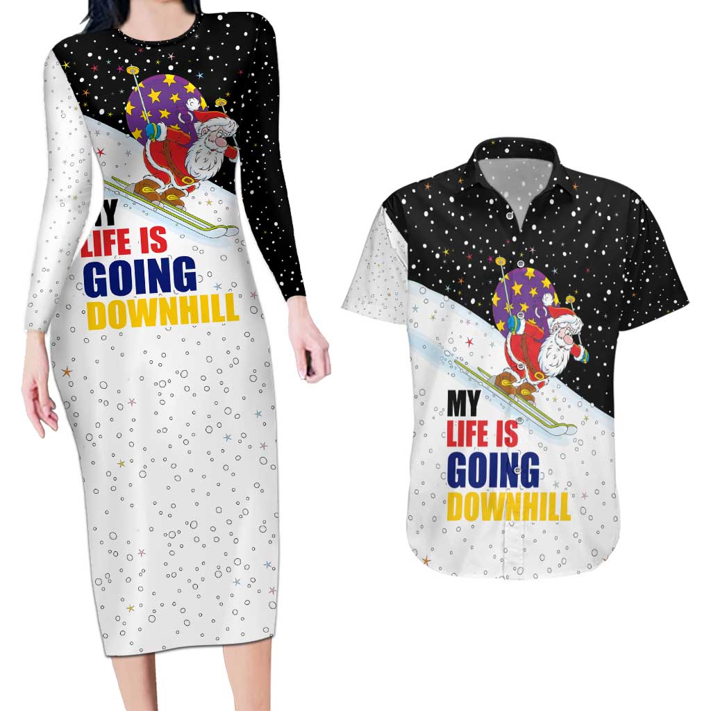 Santa Claus Ski My Life Is Going Downhill Christmas Couples Matching Long Sleeve Bodycon Dress and Hawaiian Shirt Xmas Holiday Patterns - Wonder Print Shop