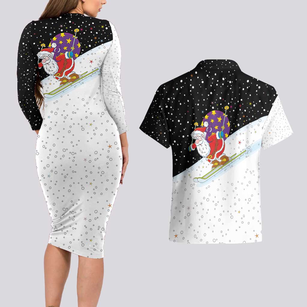 Santa Claus Ski My Life Is Going Downhill Christmas Couples Matching Long Sleeve Bodycon Dress and Hawaiian Shirt Xmas Holiday Patterns - Wonder Print Shop