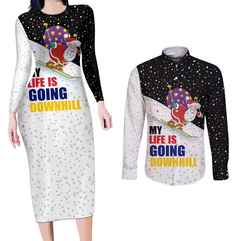 Santa Claus Ski My Life Is Going Downhill Christmas Couples Matching Long Sleeve Bodycon Dress and Long Sleeve Button Shirt Xmas Holiday Patterns - Wonder Print Shop