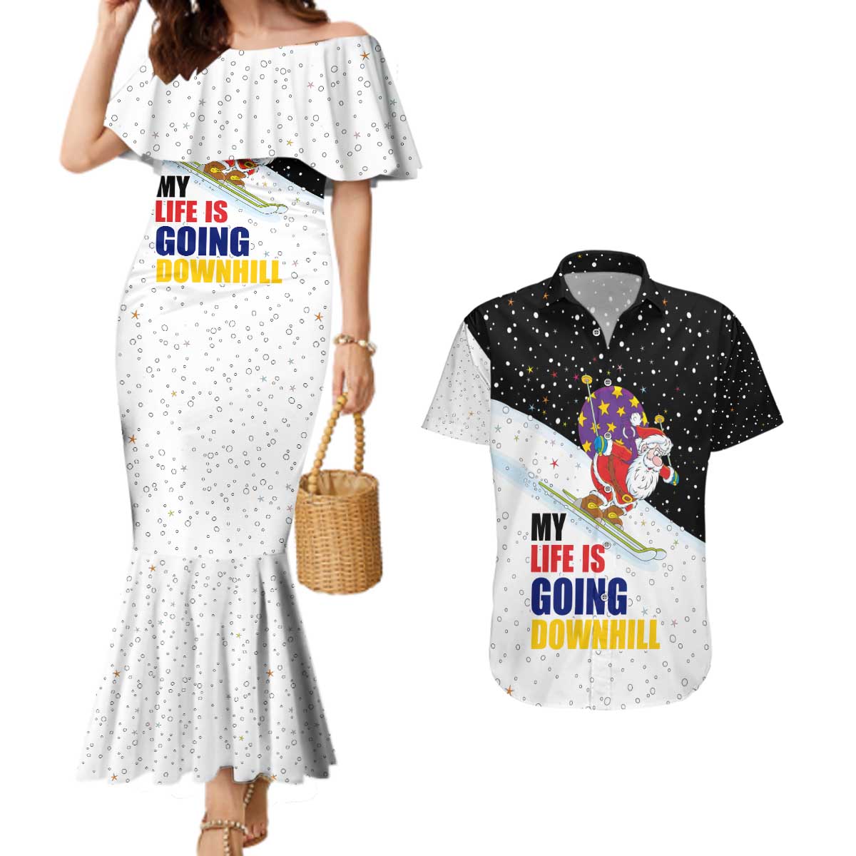 Santa Claus Ski My Life Is Going Downhill Christmas Couples Matching Mermaid Dress and Hawaiian Shirt Xmas Holiday Patterns - Wonder Print Shop