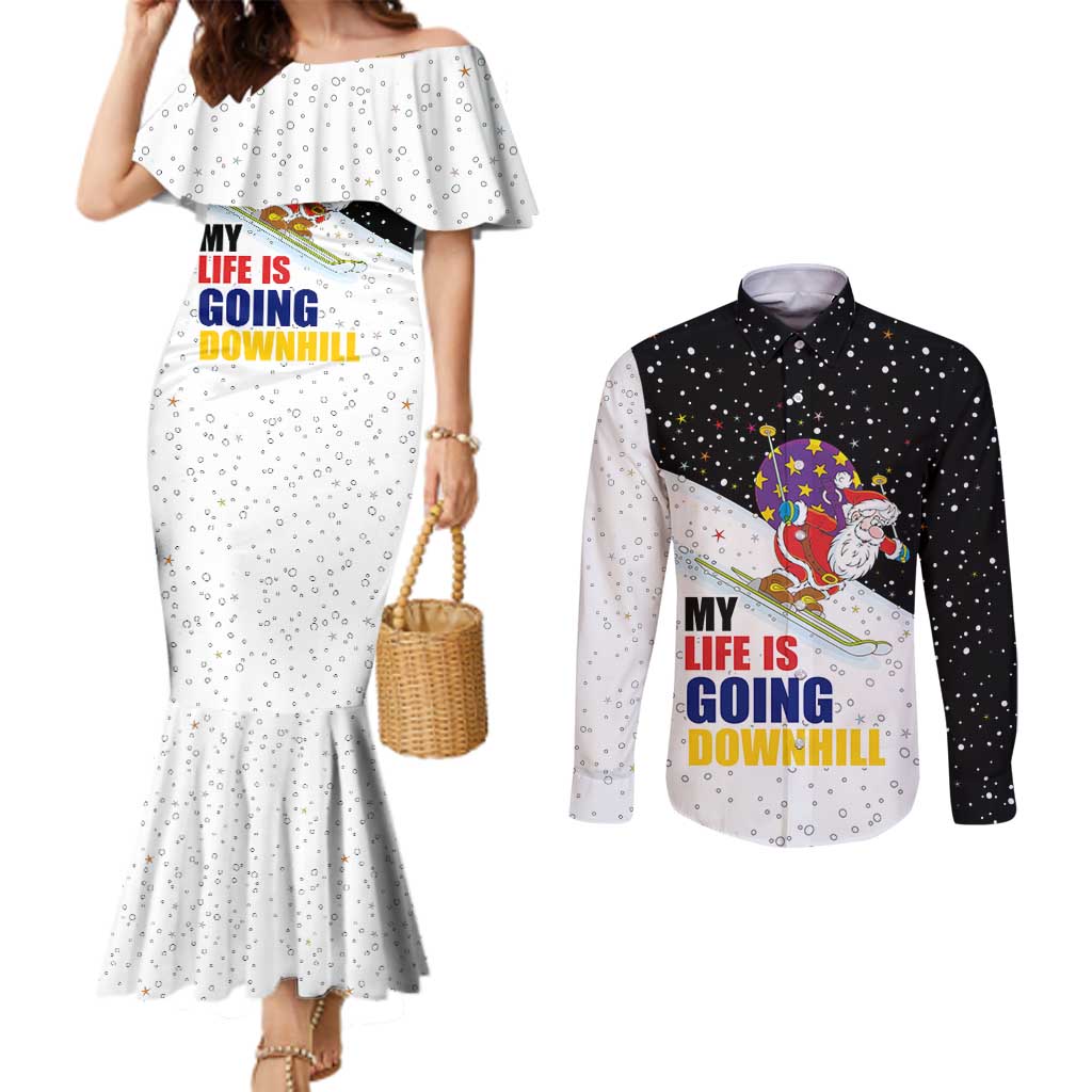 Santa Claus Ski My Life Is Going Downhill Christmas Couples Matching Mermaid Dress and Long Sleeve Button Shirt Xmas Holiday Patterns - Wonder Print Shop