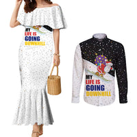 Santa Claus Ski My Life Is Going Downhill Christmas Couples Matching Mermaid Dress and Long Sleeve Button Shirt Xmas Holiday Patterns - Wonder Print Shop