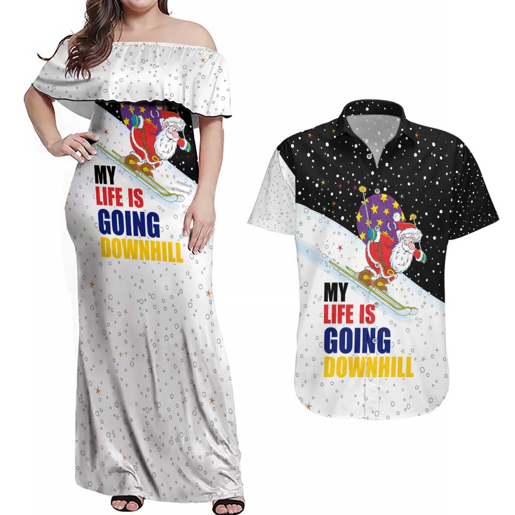 Santa Claus Ski My Life Is Going Downhill Christmas Couples Matching Off Shoulder Maxi Dress and Hawaiian Shirt Xmas Holiday Patterns - Wonder Print Shop