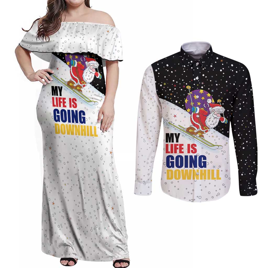 Santa Claus Ski My Life Is Going Downhill Christmas Couples Matching Off Shoulder Maxi Dress and Long Sleeve Button Shirt Xmas Holiday Patterns - Wonder Print Shop