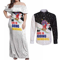 Santa Claus Ski My Life Is Going Downhill Christmas Couples Matching Off Shoulder Maxi Dress and Long Sleeve Button Shirt Xmas Holiday Patterns - Wonder Print Shop
