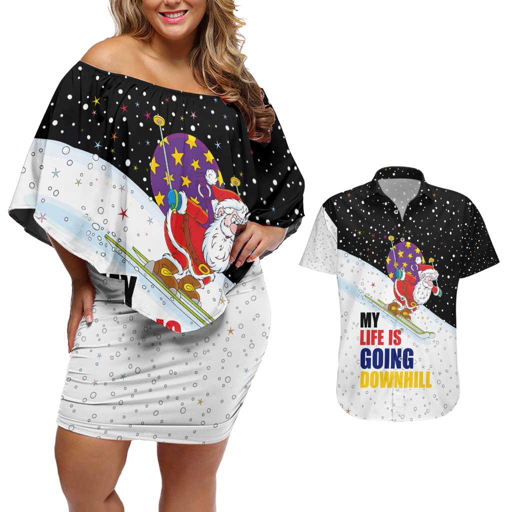 Santa Claus Ski My Life Is Going Downhill Christmas Couples Matching Off Shoulder Short Dress and Hawaiian Shirt Xmas Holiday Patterns - Wonder Print Shop
