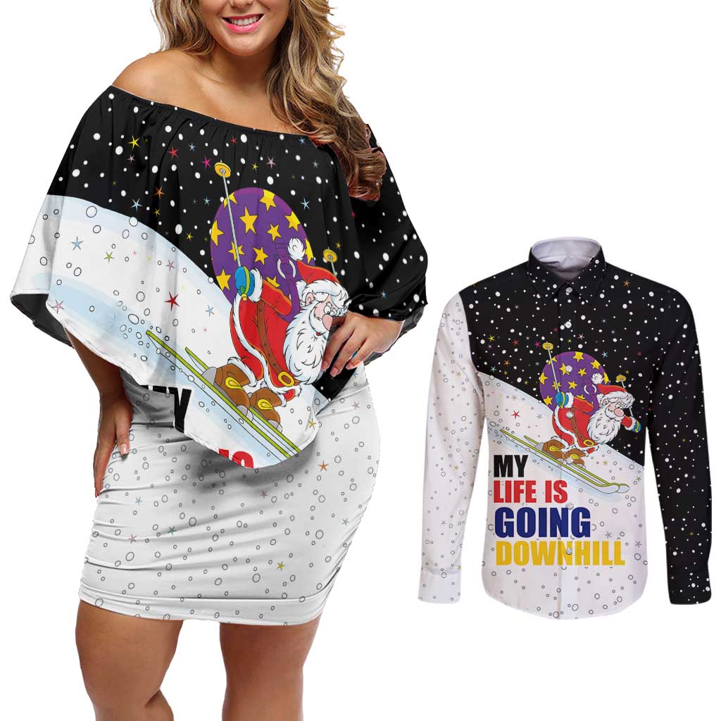 Santa Claus Ski My Life Is Going Downhill Christmas Couples Matching Off Shoulder Short Dress and Long Sleeve Button Shirt Xmas Holiday Patterns - Wonder Print Shop