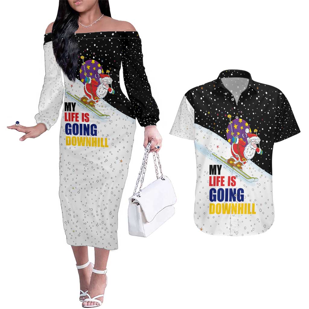 Santa Claus Ski My Life Is Going Downhill Christmas Couples Matching Off The Shoulder Long Sleeve Dress and Hawaiian Shirt Xmas Holiday Patterns - Wonder Print Shop
